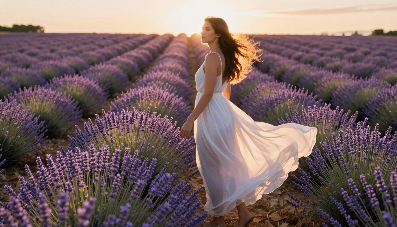 Woman in flowing white sundress in Provence lavender field, golden hour backlight, warm halo silhouette