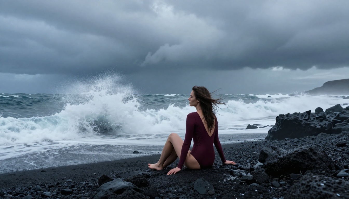 Woman in burgundy one-piece swimsuit on volcanic black sand beach in Iceland, dramatic storm clouds, waves crashing