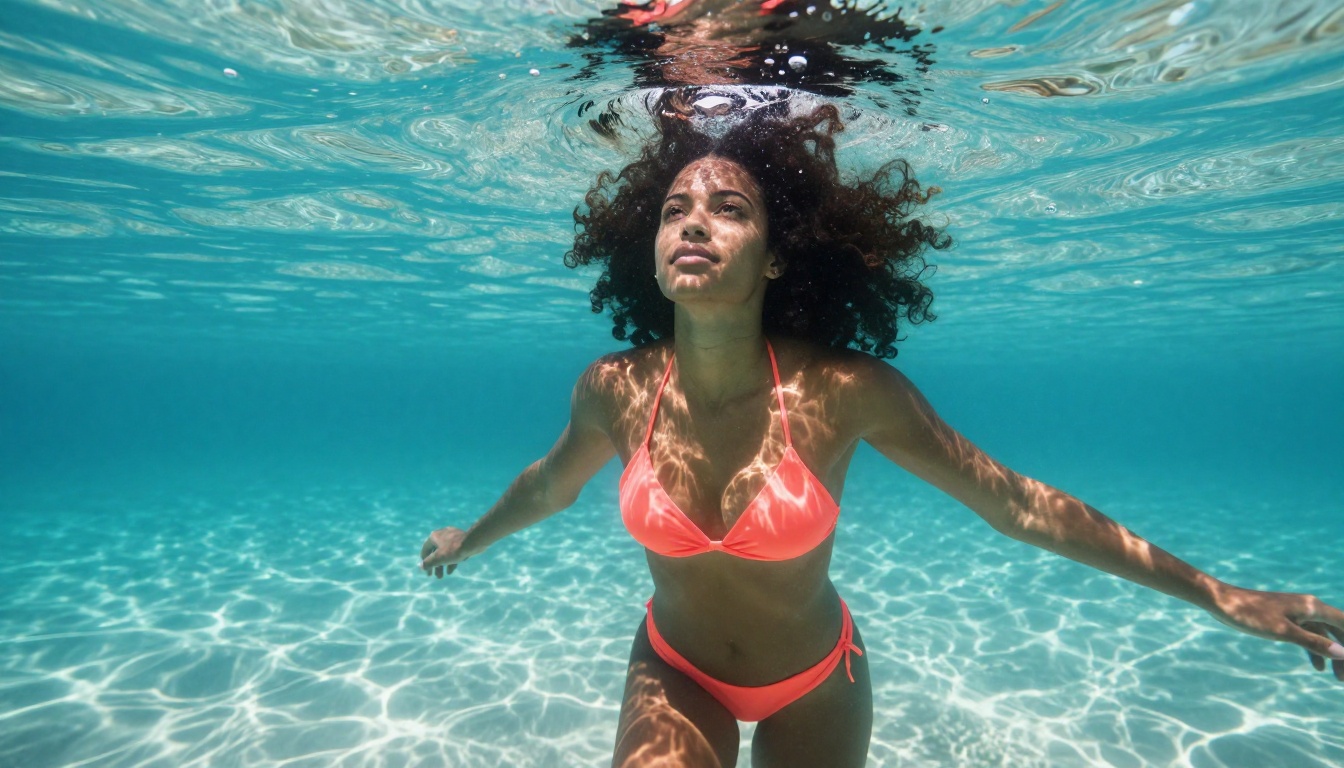 Underwater portrait of woman with natural curly hair in coral bikini, Caribbean caustic light patterns, crystal clear water