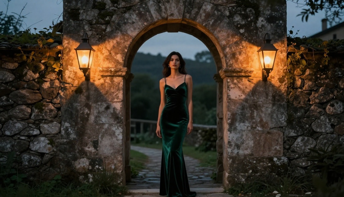 Woman in forest green velvet gown in ancient Italian village stone archway at dusk, warm amber lantern light