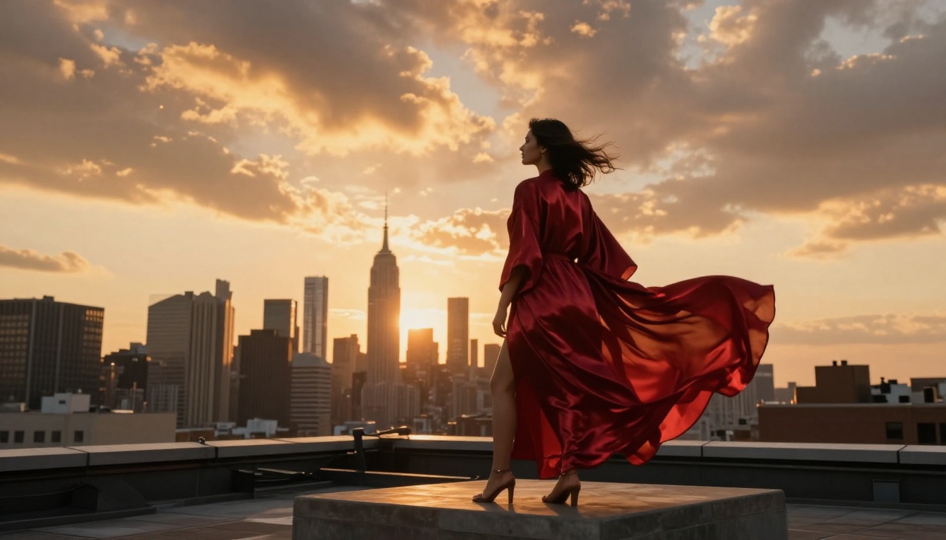 Woman in scarlet silk robe on NYC rooftop terrace at golden sunset, cityscape skyline glowing amber behind her