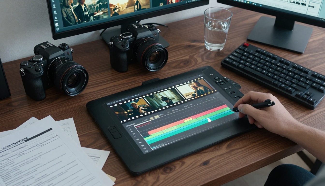 overhead flat-lay of professional video production workspace with camera and equipment