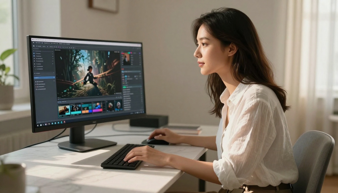 AI video creation interface on a modern workstation