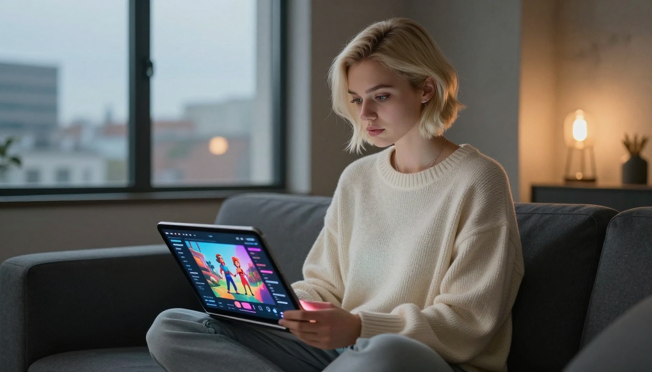 woman browsing AI video tool on tablet sitting on couch at dusk cityscape