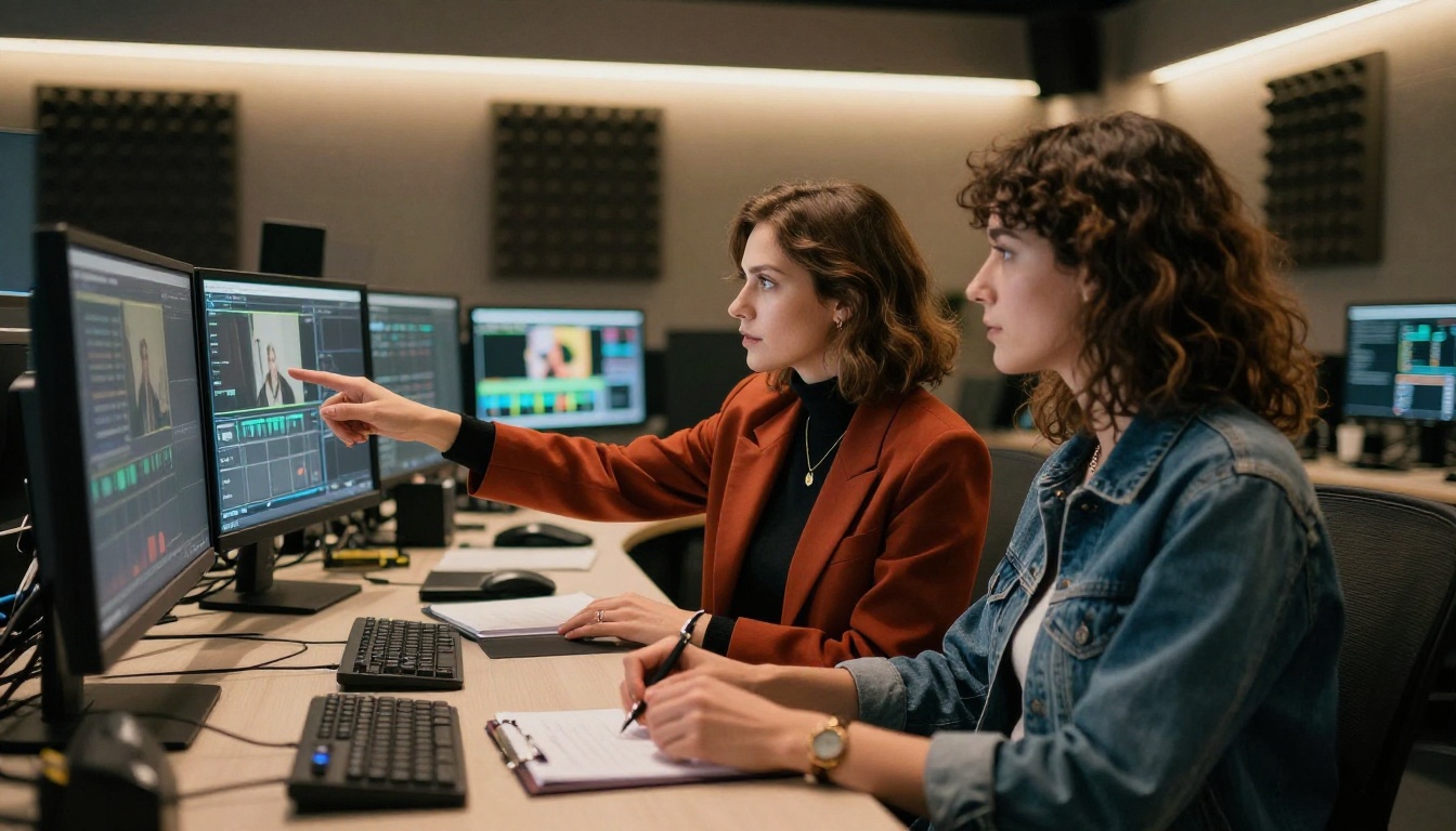two women reviewing footage at professional post-production suite with monitors