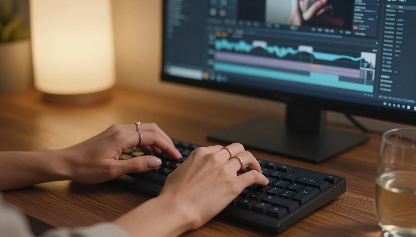 Close-up of hands typing on a keyboard with AI video editor interface in background