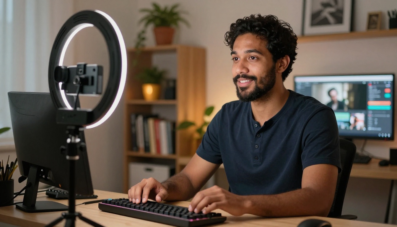 male content creator recording at home studio desk with ring light and webcam setup
