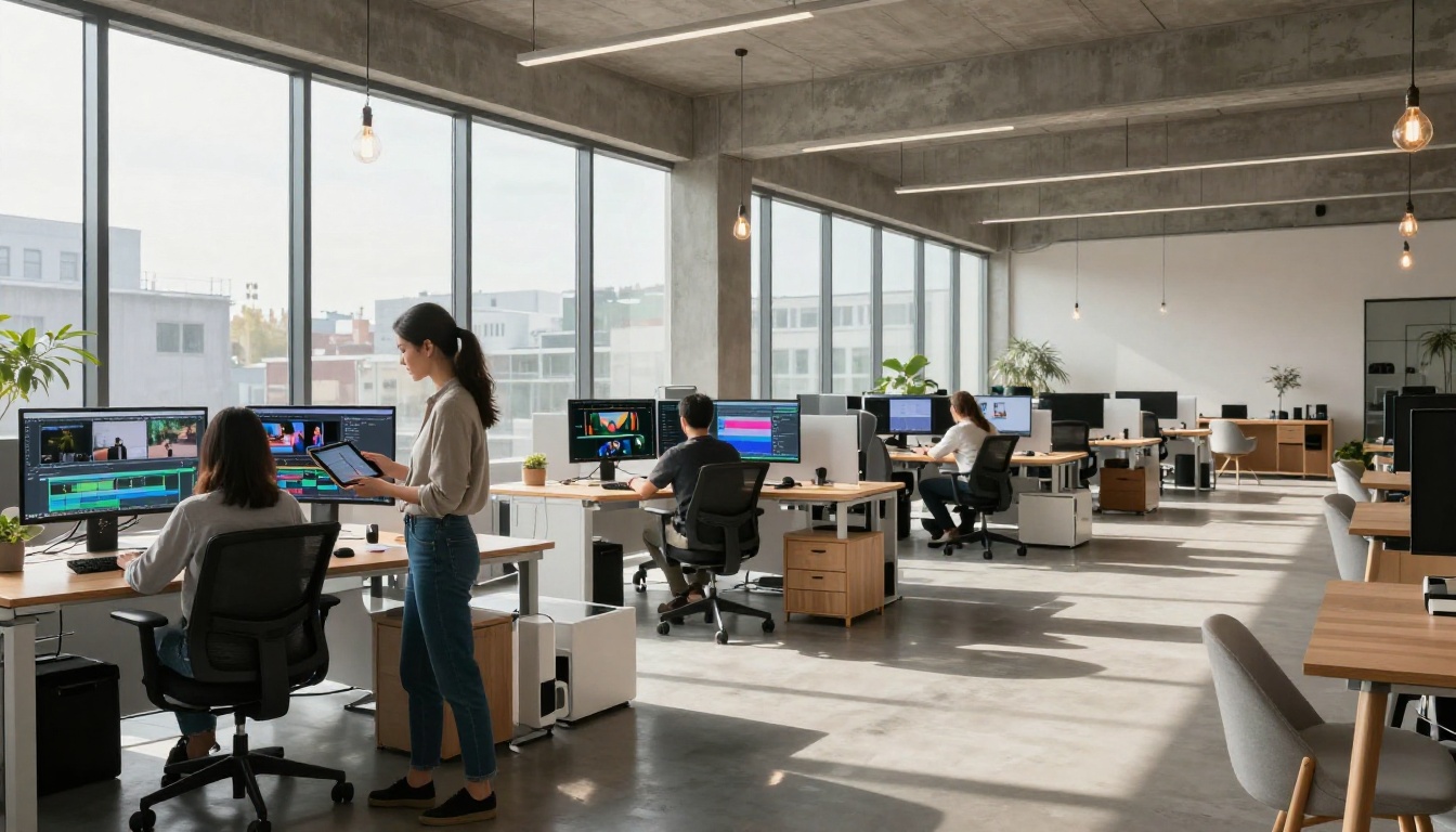 creative agency open-plan office with large video production monitors in natural light