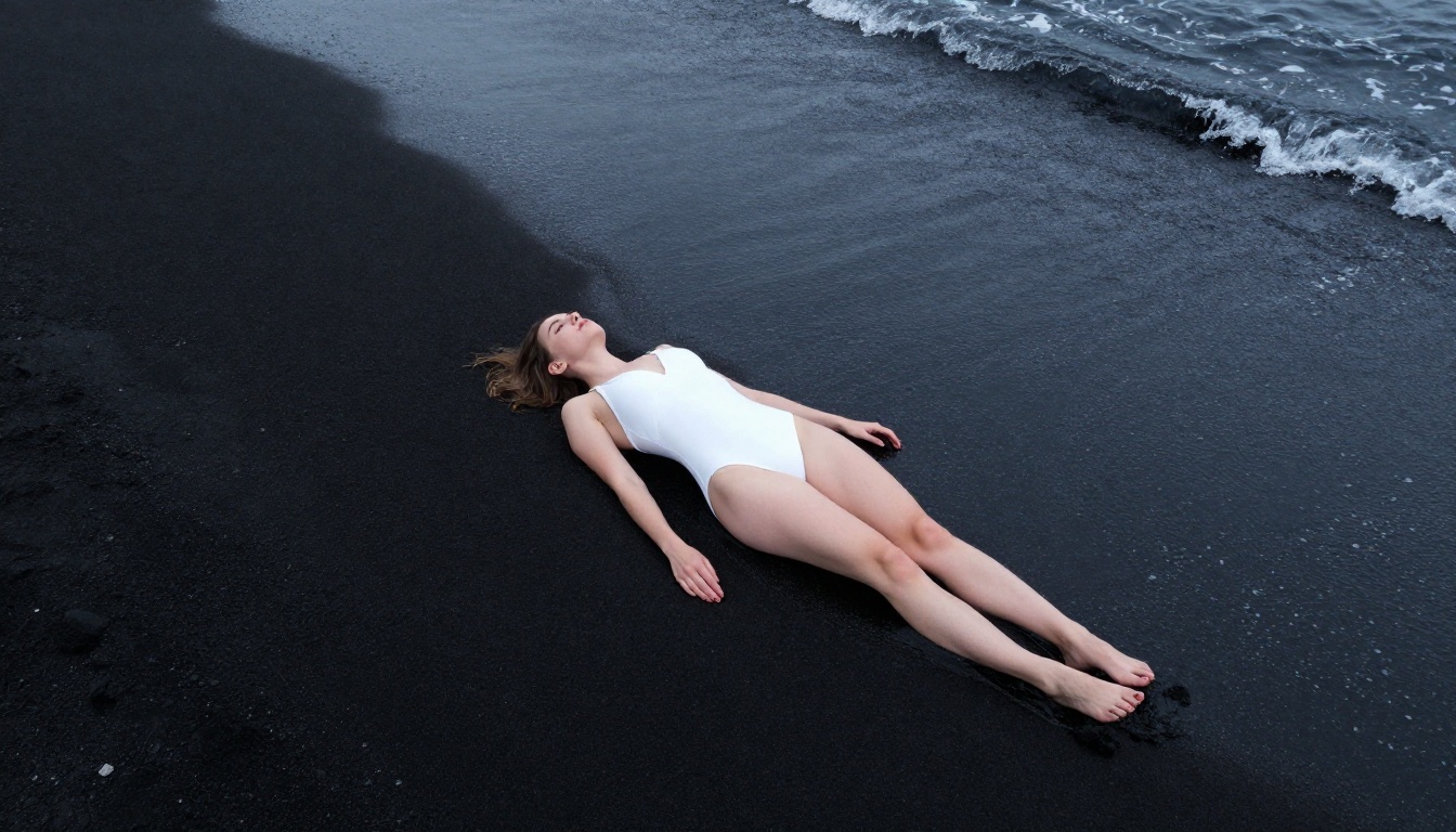 Aerial shot of a woman in white swimsuit on black sand beach, Iceland