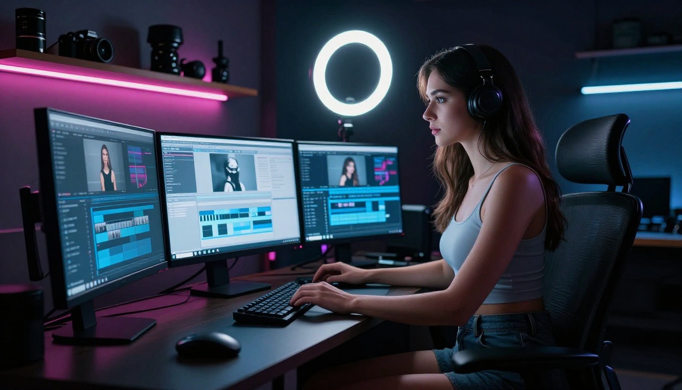 Professional content creator at dark aesthetic multi-monitor studio setup