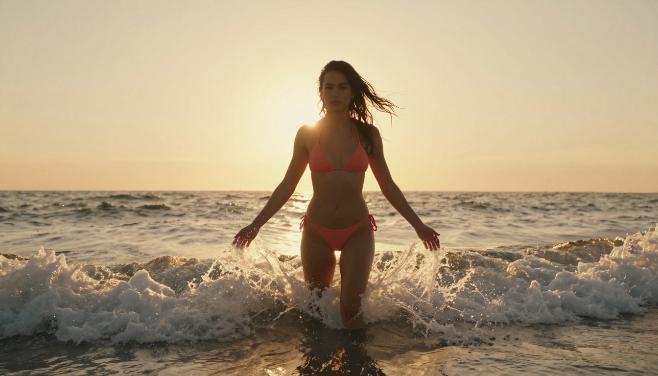 Brunette woman in coral bikini in the ocean at golden hour, powerful backlit silhouette