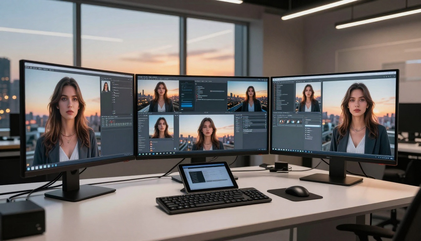 AI creative studio workspace with multiple monitor displays