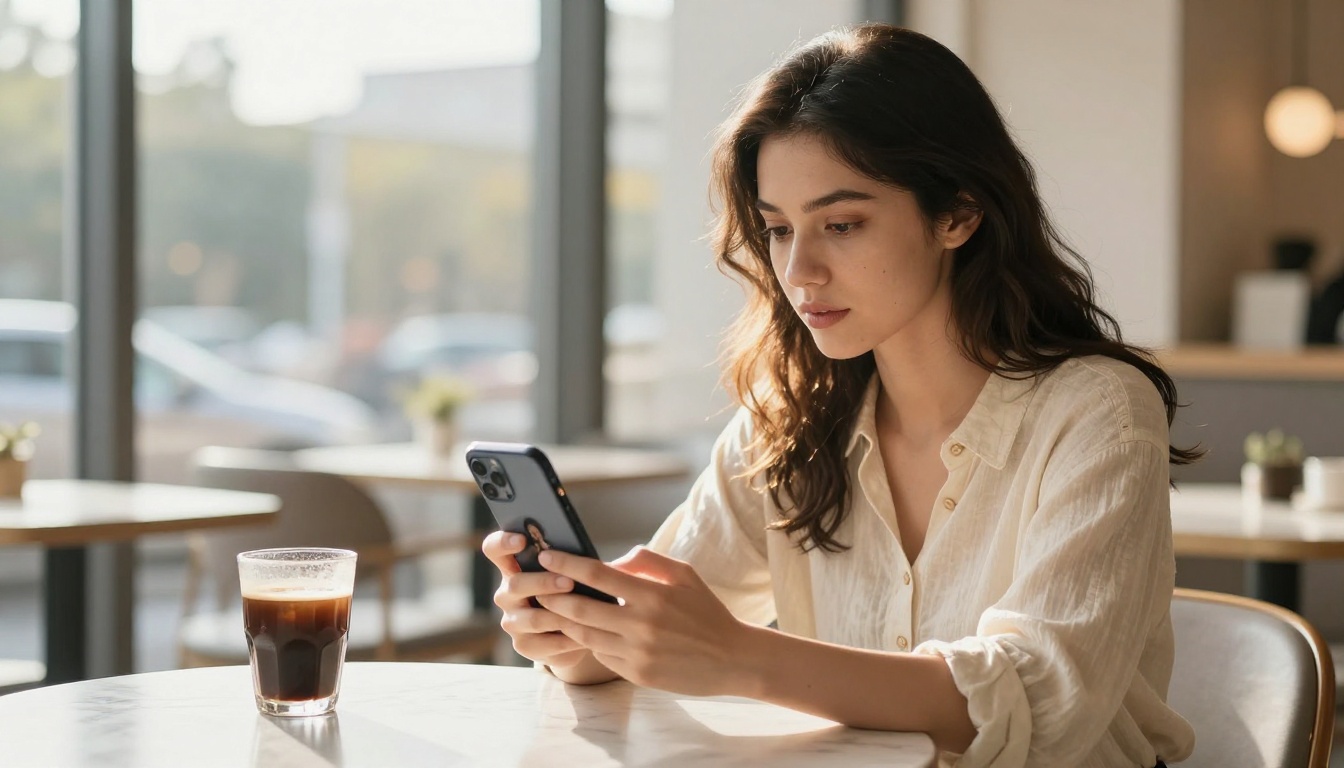 Young woman holding smartphone viewing a photo at a sunlit cafe