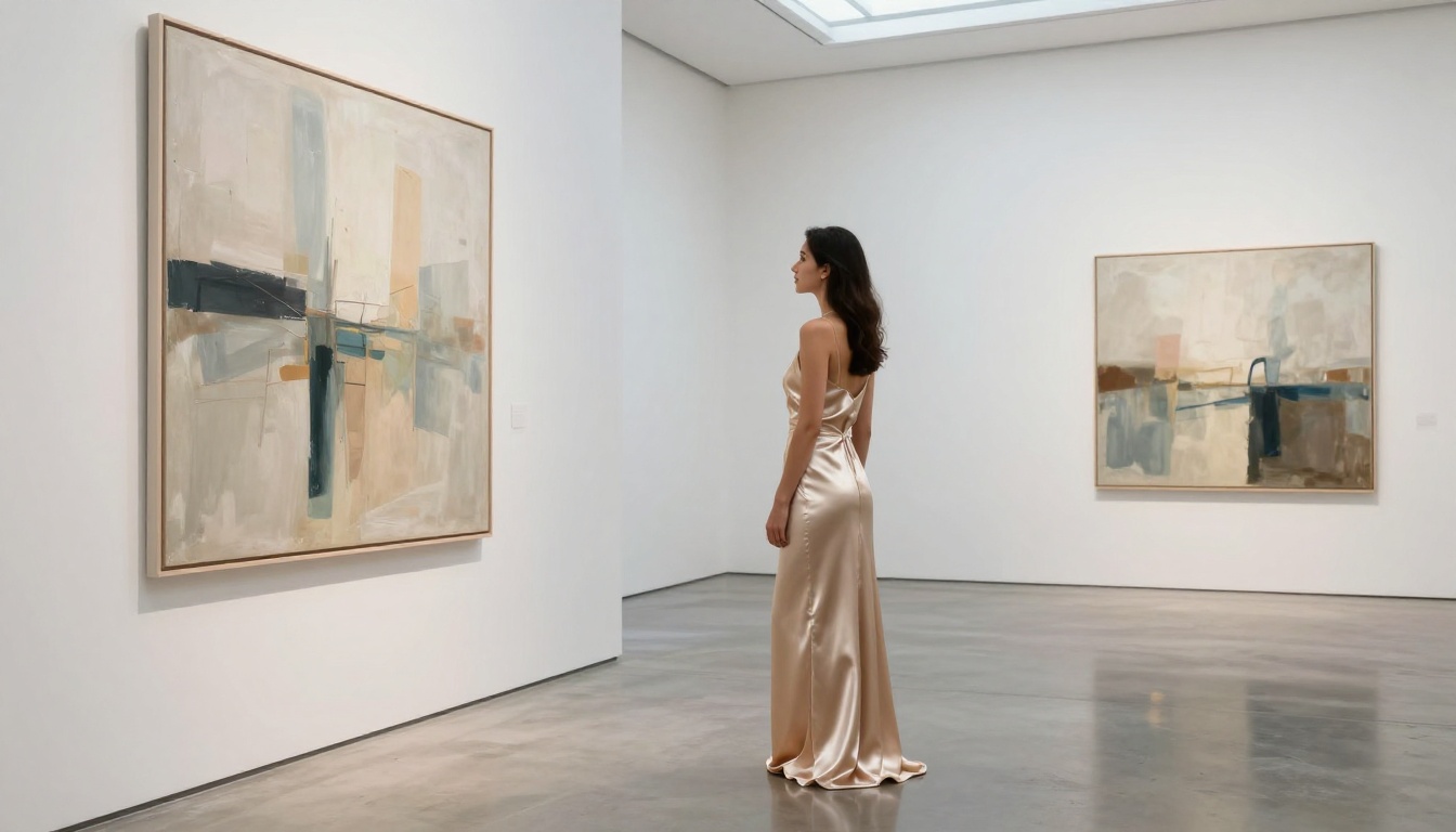 Elegant woman in champagne satin dress in contemporary art gallery