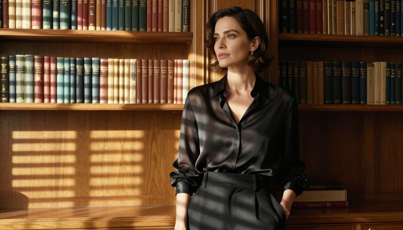 Confident woman in a study with golden venetian blind light