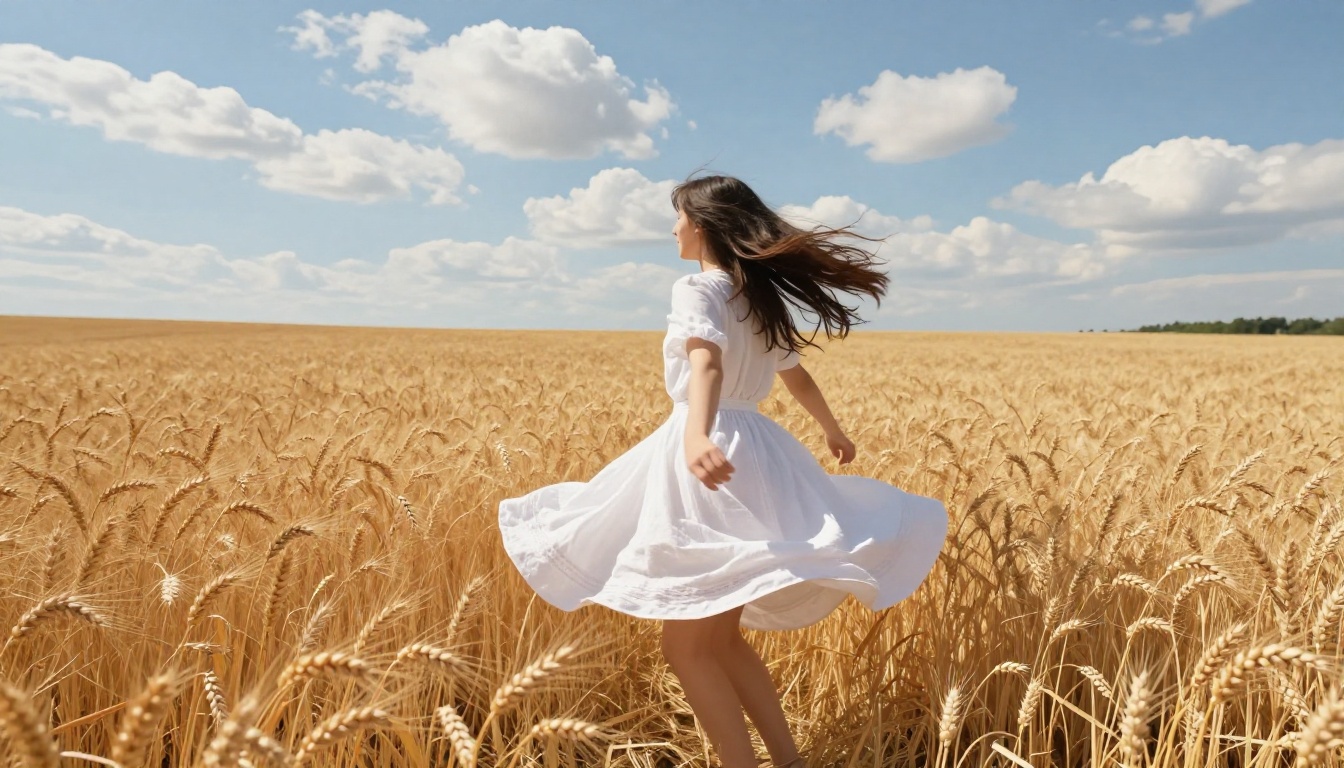 Young woman spinning in golden wheat field capturing motion