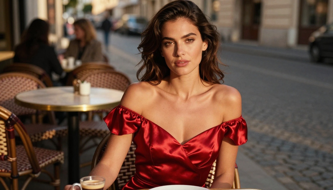 Brunette woman at a European cafe terrace in a red satin dress