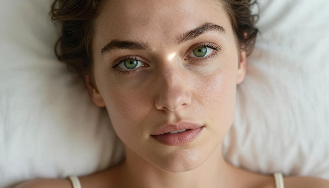 Close-up portrait of a woman with green eyes in a cream camisole