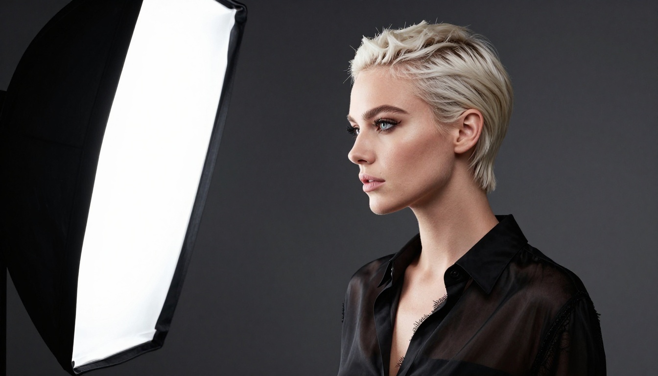 High-fashion studio portrait with professional lighting platinum blonde