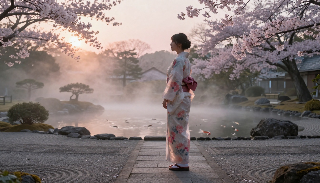 Woman in a sheer floral kimono in a Japanese zen garden at dawn