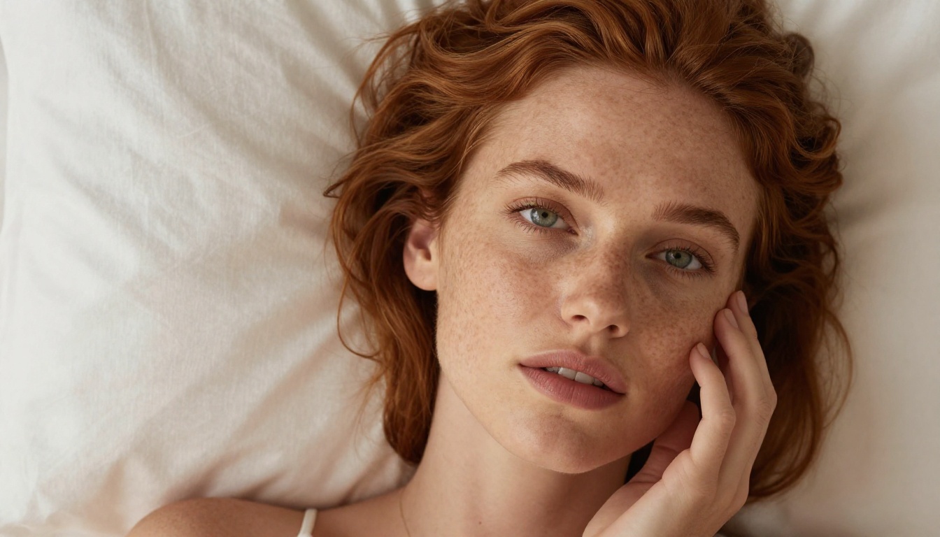 Beauty portrait woman with freckles lying on white linen overhead shot