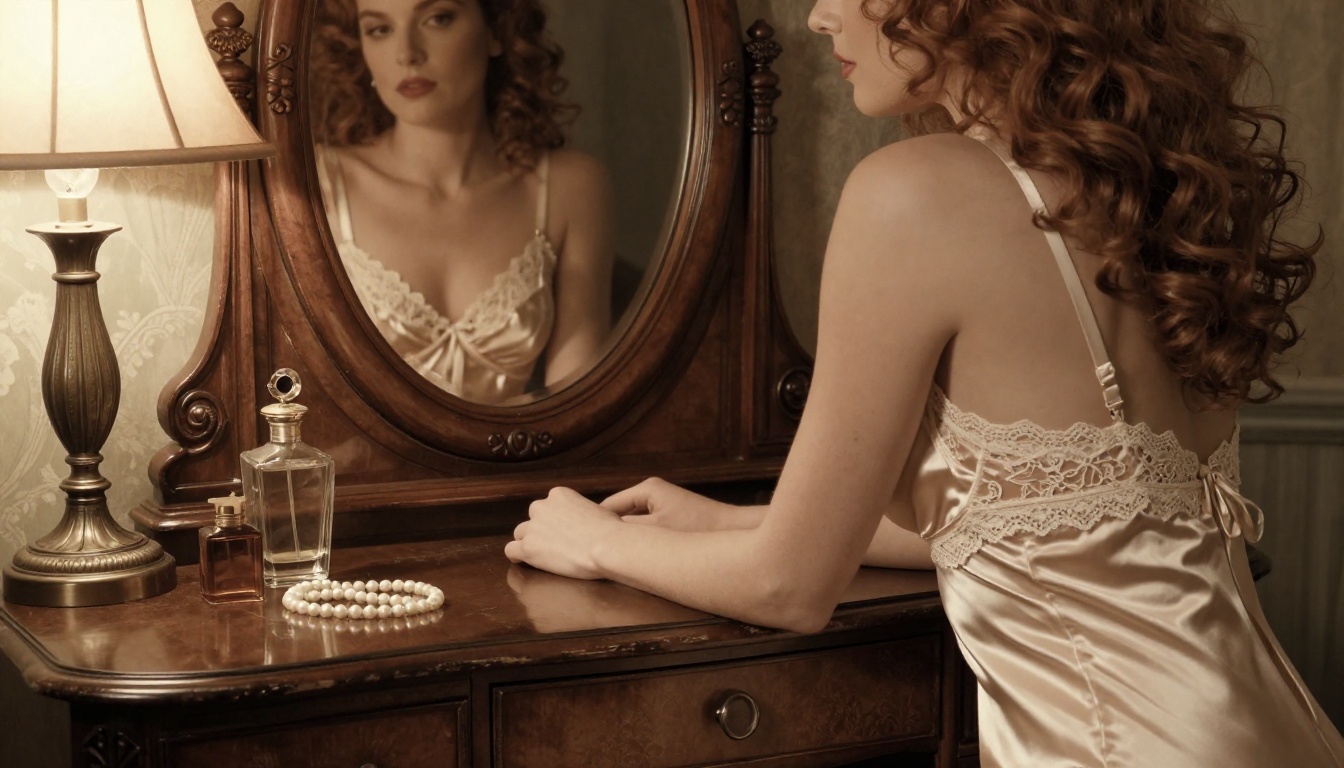 Vintage boudoir scene with a woman in champagne silk lingerie at an Art Deco vanity