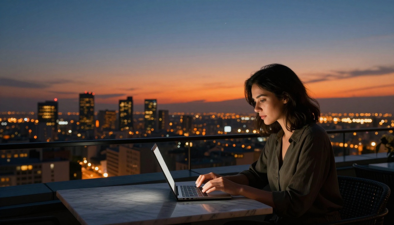 Woman at rooftop terrace at dusk with city skyline laptop glowing