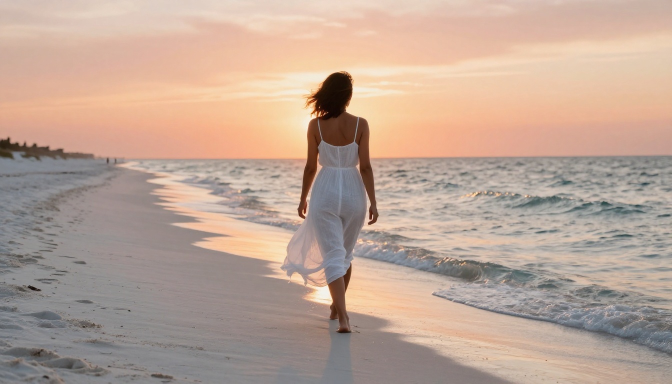 Woman in a white linen sundress walking on a beach at golden hour