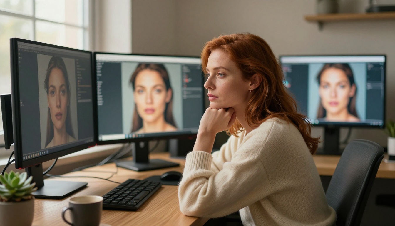 Woman working at AI-powered creative workstation with multiple screens