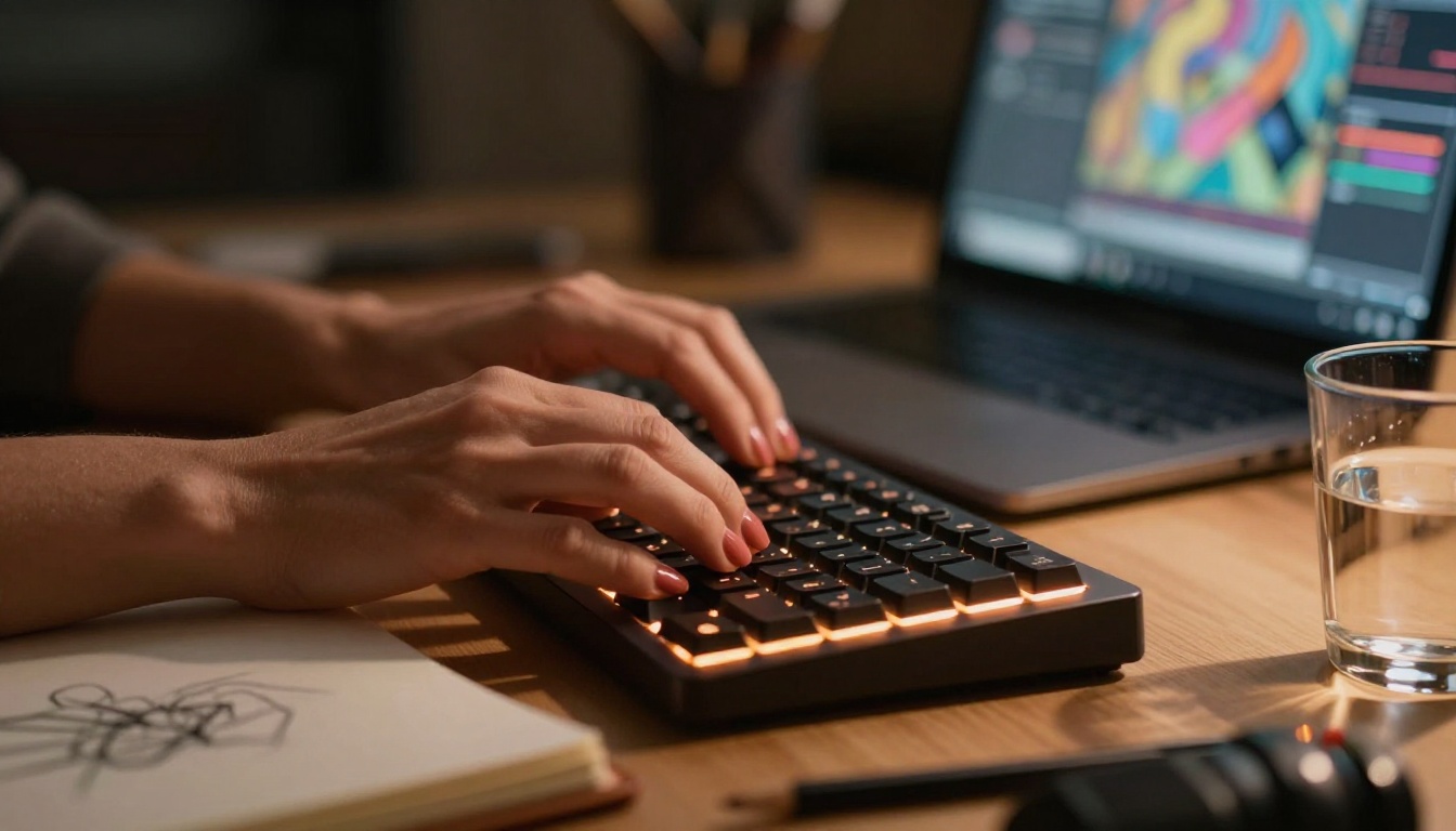 Woman creating AI art at a glowing laptop in a warm creative workspace
