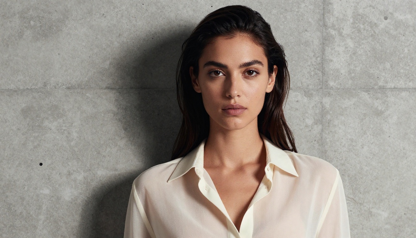 High fashion editorial portrait with dramatic concrete wall backdrop
