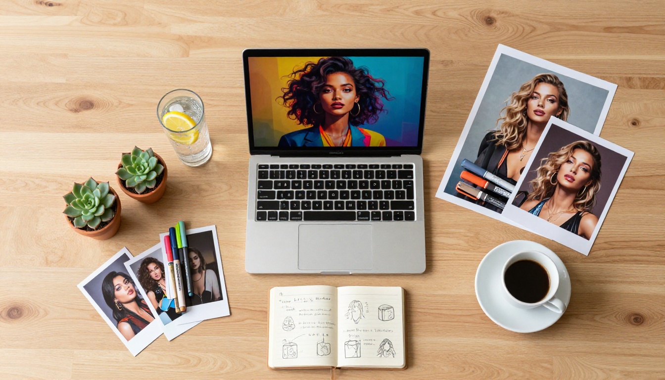 Aerial flat-lay of creative workspace with AI-generated art prints and laptop