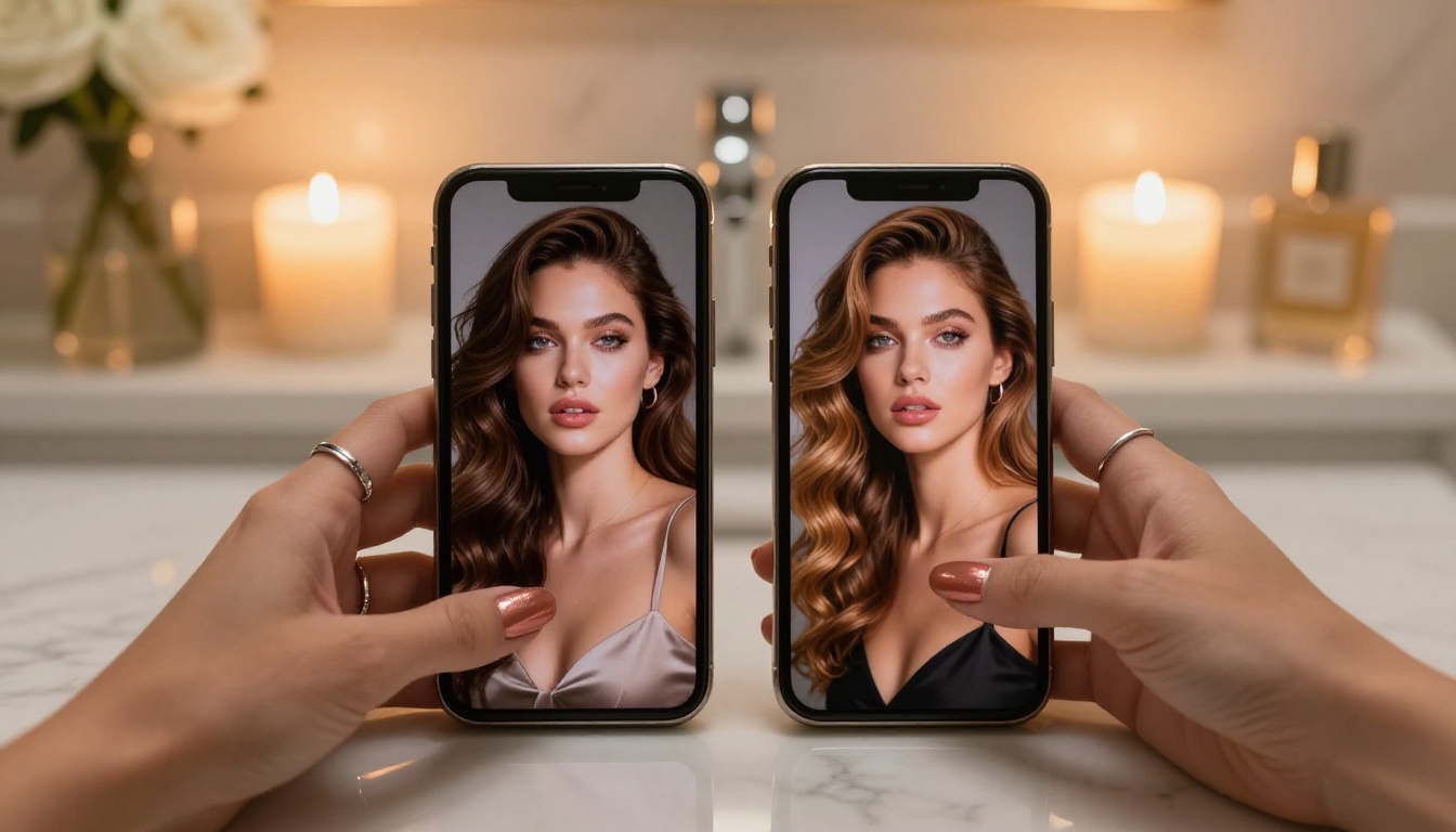 Two smartphones displaying AI-generated glamour portraits, held by manicured hands over marble