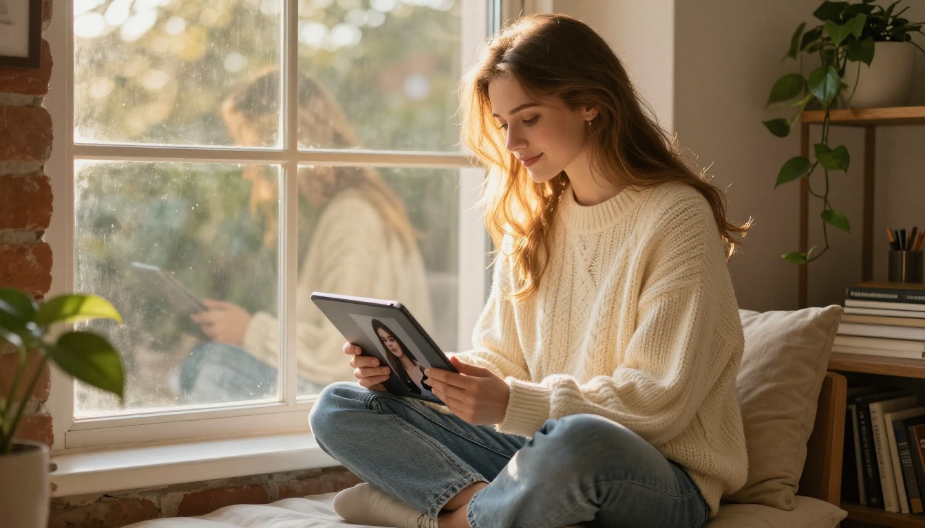 Woman on window seat holding tablet showing AI-generated glamour images, golden afternoon light