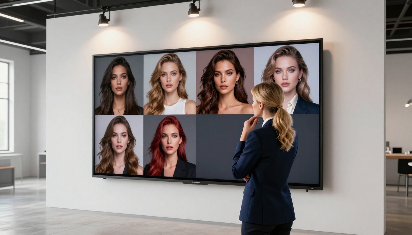 Stylish woman in studio examining four AI-generated portraits on a large wall-mounted screen