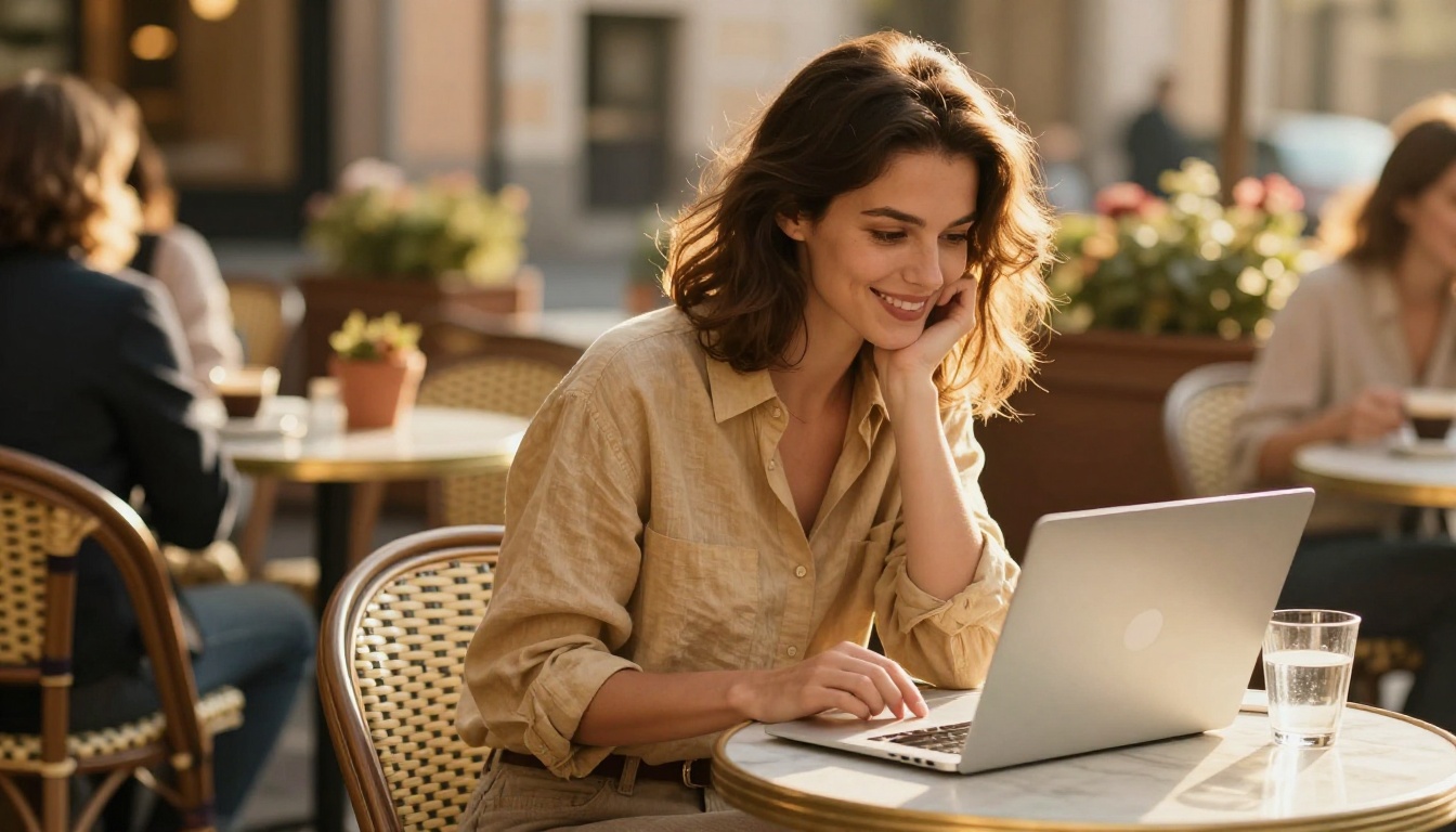 Attractive woman at outdoor café creating images with AI on a slim laptop, golden afternoon rim light