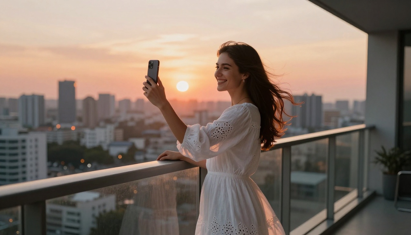 Joyful woman in white maxi dress on a city balcony at sunset, warm orange rim light