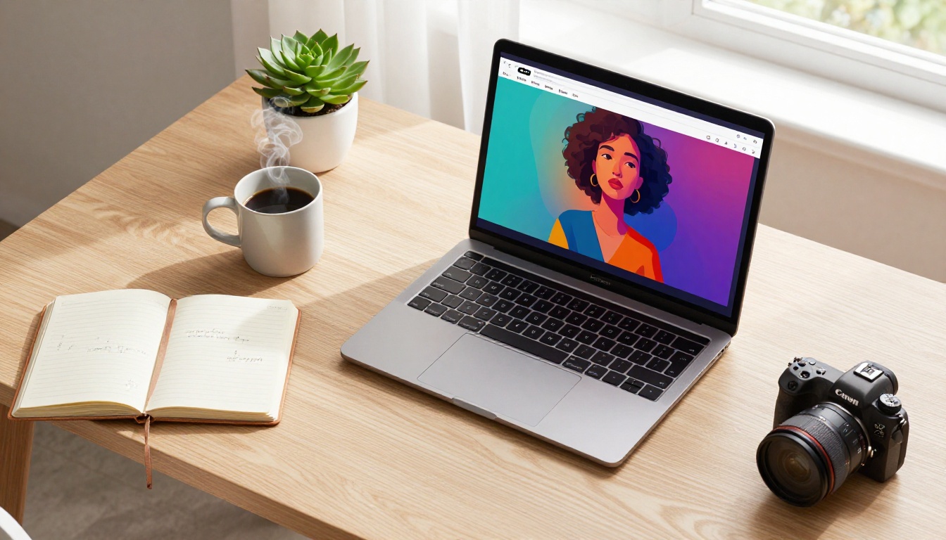 Aerial flat-lay of minimal desk with laptop showing AI image interface and coffee mug