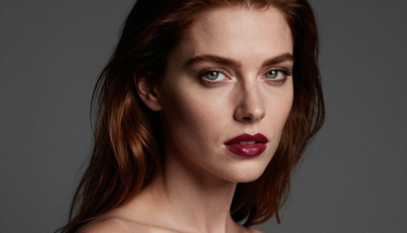 Close-up beauty portrait of woman with auburn hair and dramatic Rembrandt lighting