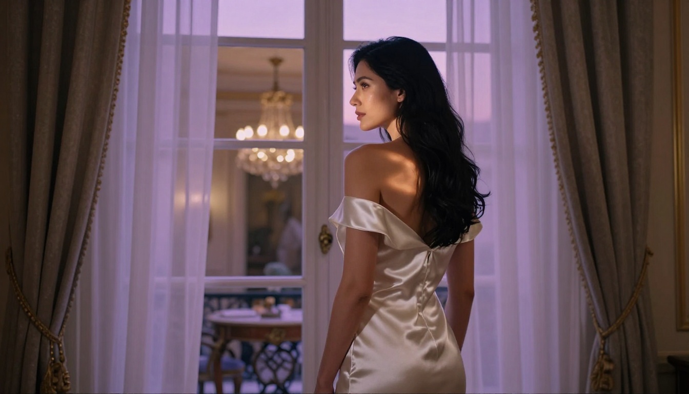 Woman in ivory satin dress standing beside a Parisian arched window at dusk