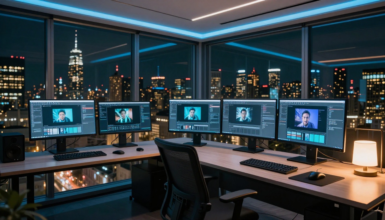 AI creative workspace with multiple monitors displaying image generation software at night
