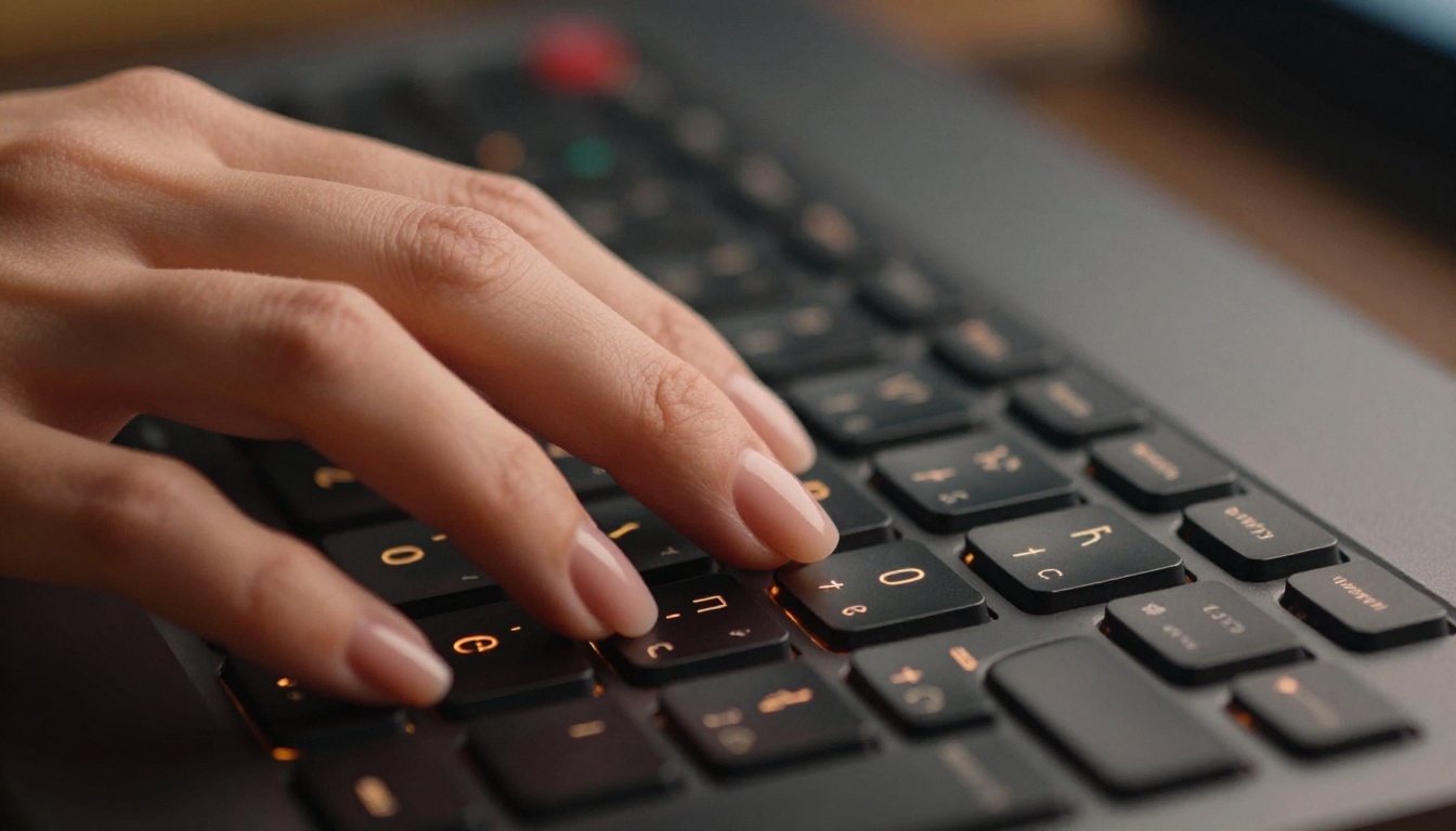 Macro close-up of woman's hand pressing an illuminated keyboard with AI interface softly blurred behind