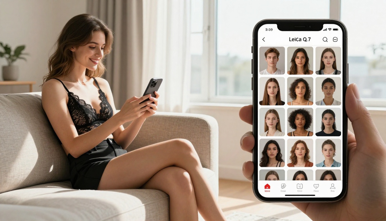 Woman in black lace bralette on a modern couch looking at a smartphone displaying an AI image app grid