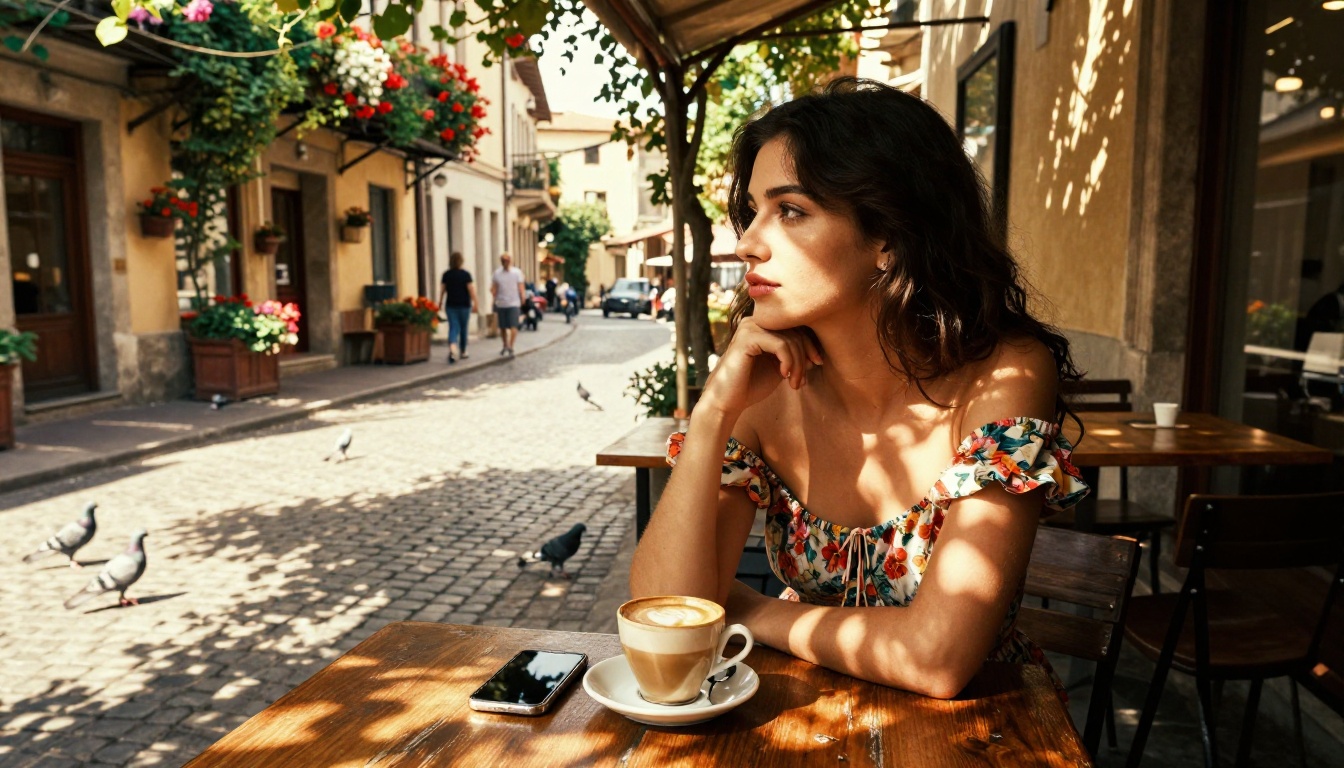 Beautiful woman relaxing at a European cafe terrace