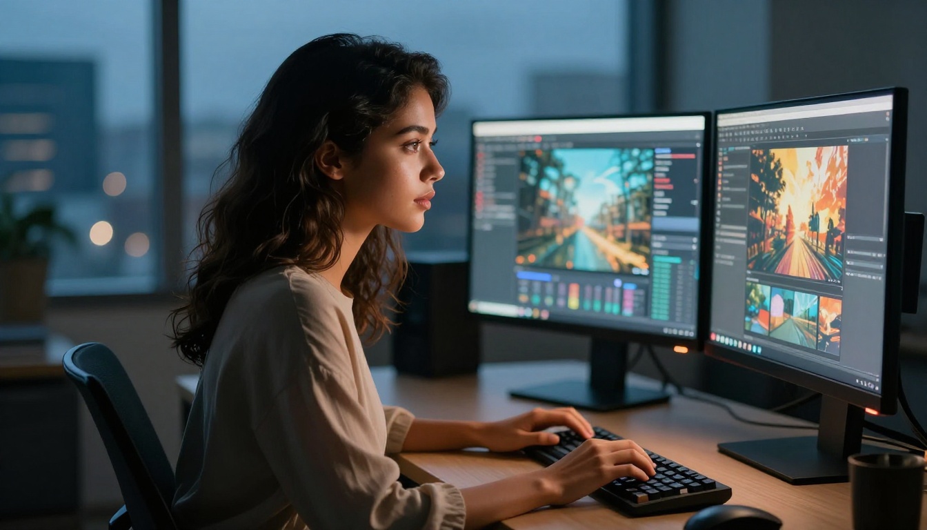 AI creative workspace with multiple monitors showing generated images