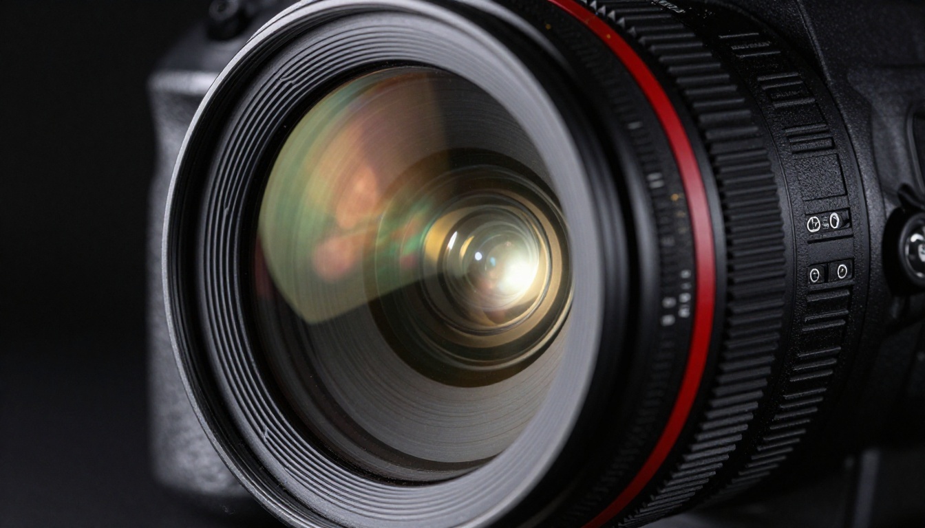 Professional DSLR camera lens close-up with chromatic light refraction through glass Professional DSLR camera lens close-up with chromatic light refraction through glass