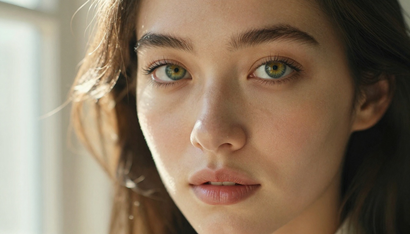 Close-up portrait of a woman with piercing green eyes and natural skin texture in soft window light