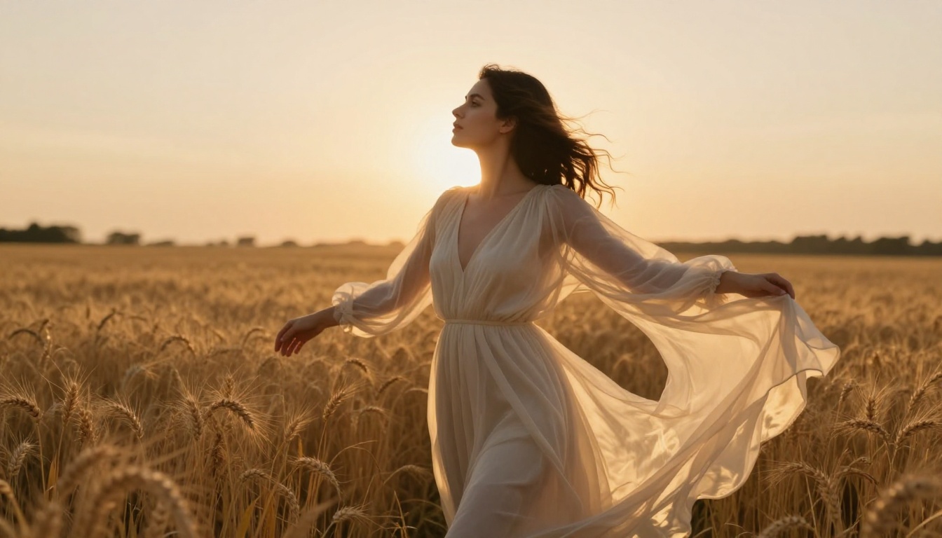 Brunette woman in sheer ivory dress in golden wheat field with cinematic backlight Brunette woman in sheer ivory dress in golden wheat field with cinematic backlight