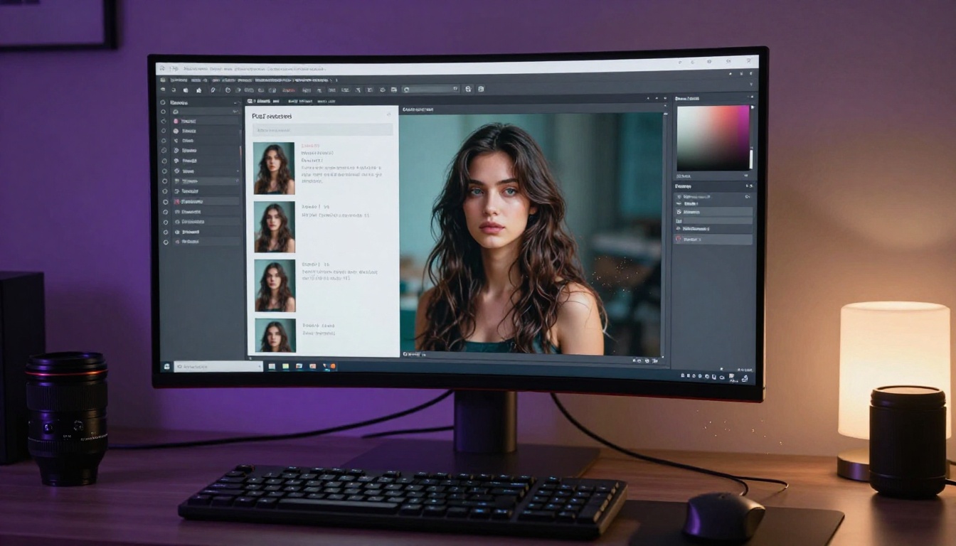 Large curved monitor displaying AI text-to-image generation interface in a professional dark creative workspace