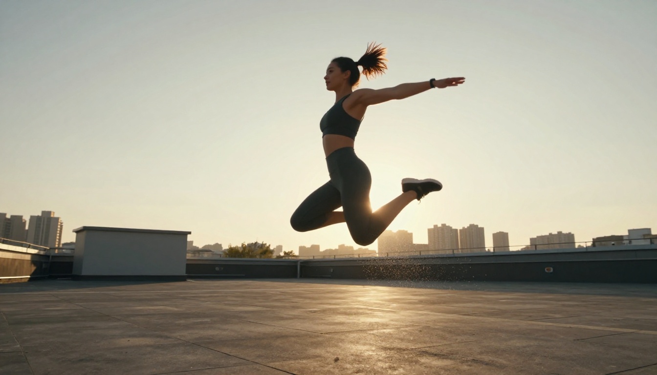 Athletic woman mid-jump on rooftop gym at sunrise with city skyline and frozen motion Athletic woman mid-jump on rooftop gym at sunrise with city skyline and frozen motion